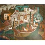NORMAN C. JAQUES ORIGINAL COLOURED LITHOGRAPH  Fishing village with seagull's on beached boats in