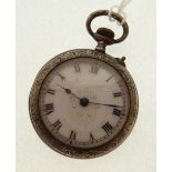 SILVER CASED FOLIATE ENGRAVED OPEN FACED FOB WATCH, keyless movement, with porcelain and gilt