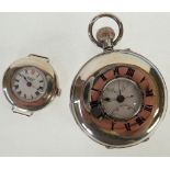 SILVER DEMI HUNTER POCKET WATCH, keyless movement, porcelain roman dial with seconds and minuets