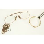 PAIR OF STAMPED 9CT GOLD FRAMED PINCE NEZ, ON GOLD ROPE CHAIN, 13.4g gross, AND A GOLD METAL