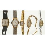 LADYS 9CT GOLD WRIST WATCH, mechanical movement, rectangular arabic dial, on gilt bracelet strap,