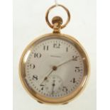 WALTHAM MASS, 9CT GOLD CASED OPENFACED POCKET WATCH, keyless movement, arabic dial with seconds