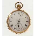 STAMPED 14CT GOLD CASED OPEN FACED FOB WATCH, keyless movement with arabic dial and seconds dial