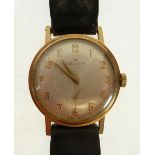 GENTS ZENITH 9CT GOLD CASED WRIST WATCH, mechanical movement, silvered arabic dial and seconds dial,