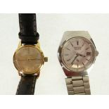 LADYS OMEGA ROLLED GOLD QUARTZ WRIST WATCH, silvered dial with batons, on leather strap, AND A LADYS