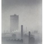 •TREVOR GRIMSHAW (1947 - 2001) PENCIL DRAWING Industrial townscape with tower block Signed 7" x 6