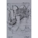 ROGER HAMPSON  PEN AND INK DRAWING  'Stockport Viaduct'  Signed and titled  11" x 7 1/4" (28cm x