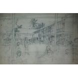 HARRY RUTHERFORD (1903-1985) PENCIL DRAWING  Crowded town square, Borneo 13 1/2" x 20 1/2" (34.5cm x