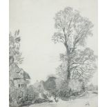 SIR FRANK BRANGWYN R.A. R.W.S (1867-1956) CHARCOAL DRAWING Figure by thatched cottage and tree