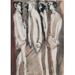 •JOHN THOMPSON (1924-2011) PEN AND SEPIA WASH DRAWING Group of four men Signed and dated (19)92 14½"