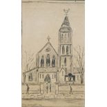 JOHN BARNETT TWO PENCIL DRAWINGS ON BUFF PAPER Church and figures and Back street with figure and