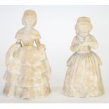 PAIR OF 1920's CARVED ALABASTER FIGURES OF GIRLS, in crinoline dresses, one in a ball gown, the