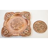 A PROBABLY KESWICK SCHOOL OF INDUSTRIAL ART HAND CRAFTED COPPER TRAY OF ART NOUVEAU DESIGN, repousse