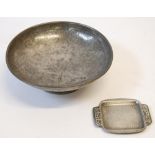 'SOCKETS' TUDRIC PEWTER PLANISHED BOWL, of shallow footed form, 3" (7.7cm) high, 10" (25.4cm)