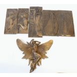 FIVE ART NOUVEAU STYLE REPRODUCTION PATINATED COMPOSITION OBLONG WALL PLAQUES, including two After