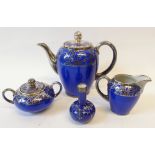 ESCHENBACH BAVARIA PORCELAIN SILVER MOUNTED THREE PIECE TEA SET, blue glazed with applied silver