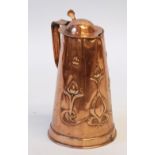 JOSEPH SANKEY AND SON. ART NOUVEAU EMBOSSED COPPER LIDDED JUG, of tapering form with angular