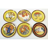 WEDGWOOD, CLARICE CLIFF SET OF SIX LIMITED EDITION "APPLIQUE", PLATES, including, Caravan, Windmill,