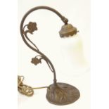 ART NOUVEAU STYLE PATINATED METAL TABLE LAMP, with foliate scrolling stem and mother o'pearl