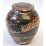 CAW STUDIO POTTERY SALT GLAZED STONEWARE GINGER JAR AND COVER, in tones of mottled brown,