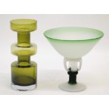 LINDSHAMMAR, SWEDISH, GREEN GLASS VASE, of shaped cylindrical form, 11" (28cm) high, TOGETHER WITH A