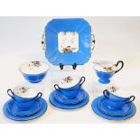 1930's SHELLEY PORCELAIN 21 PIECE TEA SERVICE, the vibrant blue ground reserved with floral