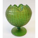 LOETZ STYLE GREEN GLASS LUSTRE PEDESTAL VASE, globular form with crimped rim, 8" (20.3cm) high