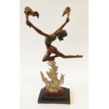 REPRODUCTION PATINATED AND PAINTED BRONZE ART DECO FIGURE OF A FEMALE DANCER, modelled in stylised