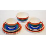 FOURTEEN PIECE ART DECO SUSIE COOPER/GRAYS POTTERY PART TEA SERVICE, banded in orange, green and