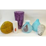 SIX MODERN DECORATIVE GLASS VASES, including a large flared purple glass vase, 16 ½" (42cm) high (