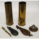 NINETEENTH CENTURY LEATHER SHOT FLASK AND A METAL POWDER FLASK, A MOUNTED SHELL NOSE CONE, ADAPTED
