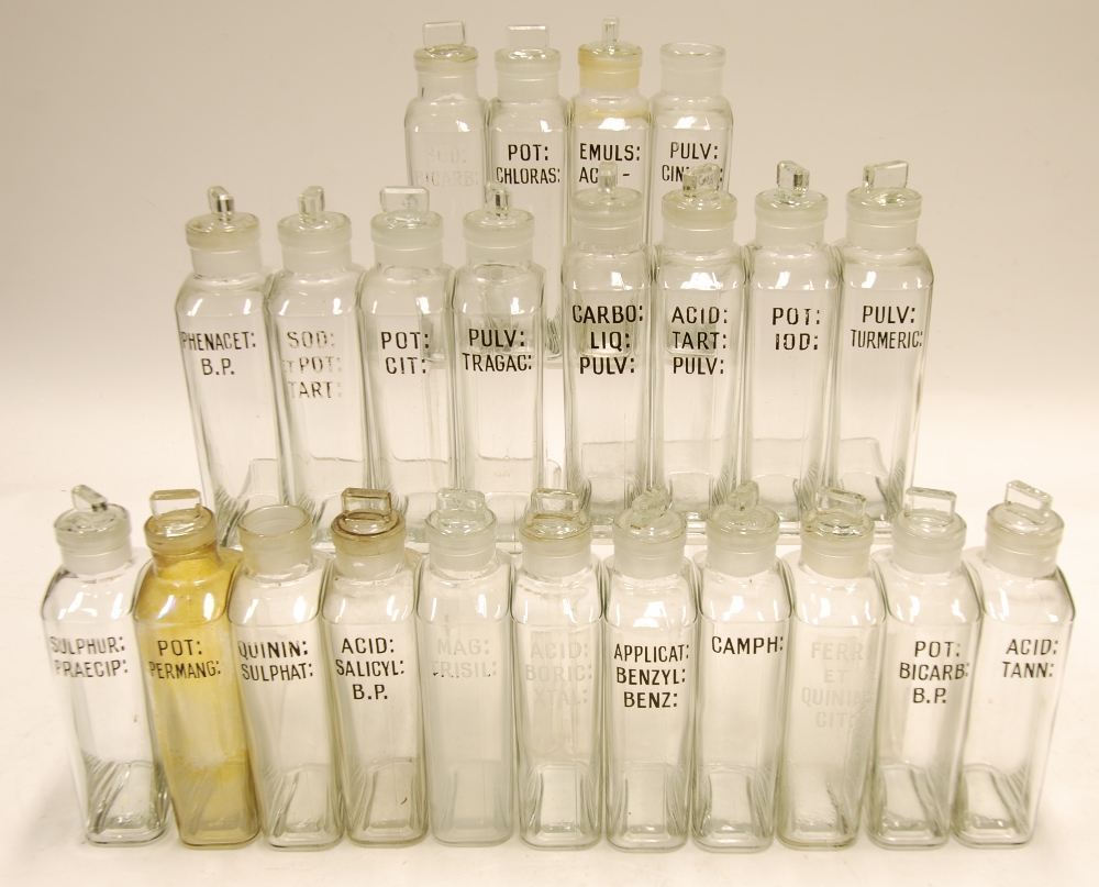 THIRTY THREE APOTHECARIES MATCHING CLEAR GLASS TINCTURE/STORAGE BOTTLES with wide necks and stoppers