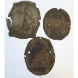 THREE NINETEENTH CENTURY BELGIAN STAMPED LEAD ALLOY FIRE MARKS PRESERVED IN CARD FOLDERS, one