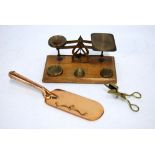 BRASS POSTAL BALANCE SCALES on oak oblong base fitted with a  SET OF 5 BRASS NESTING WEIGHTS,  9"