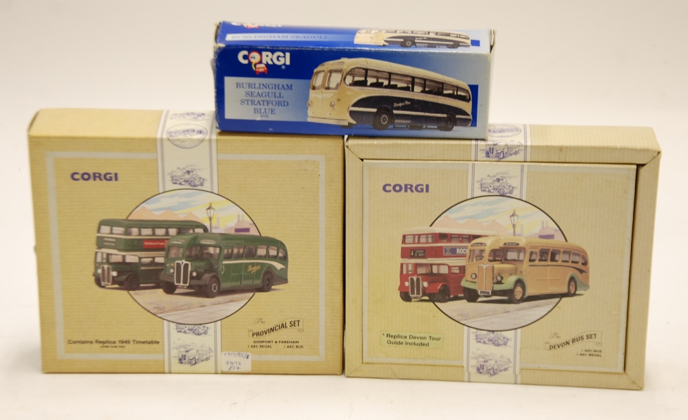 TWO MINT AND BOXED CORGI LIMITED EDITION AEC BUS SETS each with AEC double deck bus Regent and AEC