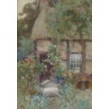 SAMUEL TOWERS  WATERCOLOUR DRAWING  Thatched cottage and cottage garden with beehive Signed  13" x