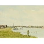 ALAN HEARSUM WATERCOLOUR DRAWING  'Walberswick, East Anglia'  River scene with moored boats,  signed