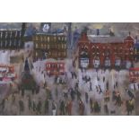 •SUE ATKINSON (b.1958)  ACRYLIC City square busy with figures  and double decker buses 9 1/4" x 13