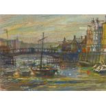 ROBERT BINDLOSS MIXED MEDIA Harbour scene with boats and bridge  Signed  11" x 15 1/4" (28cm x 38.