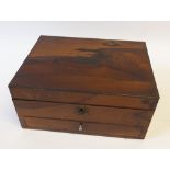 VICTORIAN ROSEWOOD WORK BOX, oblong form with ebony outline and drawer to the front, the fitted