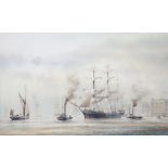 DAVID C. BELL (b.1950)  WATERCOLOUR  'Tweed leaving Wapping, London' Signed lower left 14 3/4" x