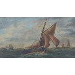 VICTORIAN SCHOOL OIL PAINTING  Fishing  boats under sail on a windy day 11 1/2" x 20" (29cm x 51cm)