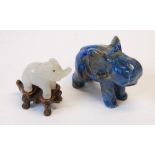 CARVED BLUE AVENTURINE MODEL OF AN ELEPHANT, 1 1/2" (3.9cm) high and a SMALLER CARVED WHITE