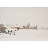 ROD PEARCE WATERCOLOUR DRAWINGS Pair of rural snow scenes of cottages within snow covered landscapes