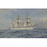 FRANK W. WOOD WATERCOLOUR DRAWING   'H.M.S. Comlis'  Barque under sail and steam  Signed  9 1/2" x