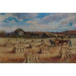G. F. CASTLEDEN OIL PAINTING ON CANVAS Harvesting, farming scene with figures, horsedrawn cart and