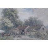 DAVID COX  WATERCOLOUR DRAWING   Farm cottage with farmer, cattle and poultry  Signed  14" x 20 1/2"