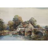 NOEL HARRY LEAVER (1889-1951)  WATERCOLOUR DRAWING  River, stone bridge and cottage  Signed lower
