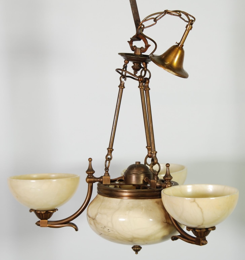 SUITE OF FOUR ART DECO STYLE GILT METAL LIGHTS, comprising a  PAIR OF THREE BRANCH ELECTROLIER'S,