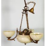 SUITE OF FOUR ART DECO STYLE GILT METAL LIGHTS, comprising a  PAIR OF THREE BRANCH ELECTROLIER'S,